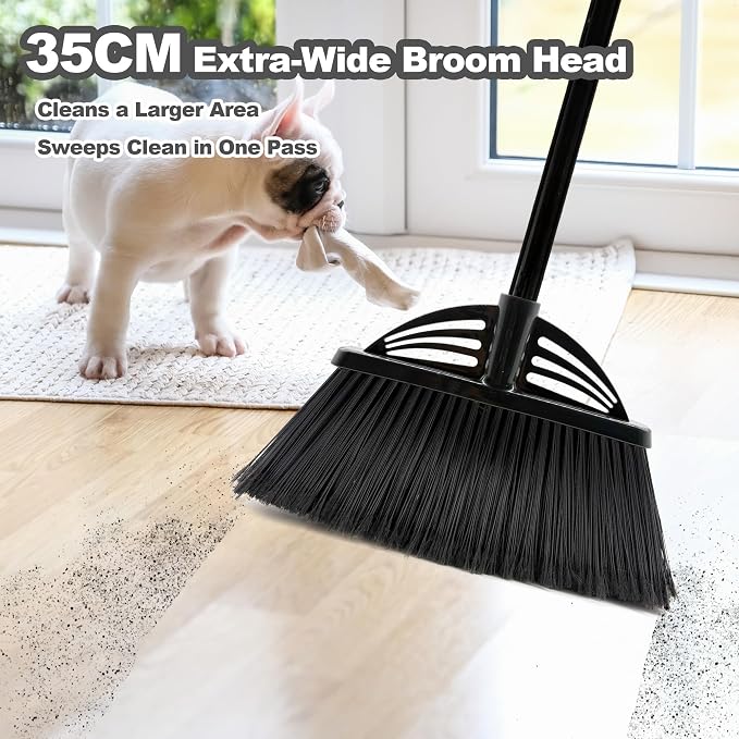 Four-Section Rod Long-Handled Broom,Heavy-Duty Broom, Angle Broom for Outdoor/Indoor（Black）