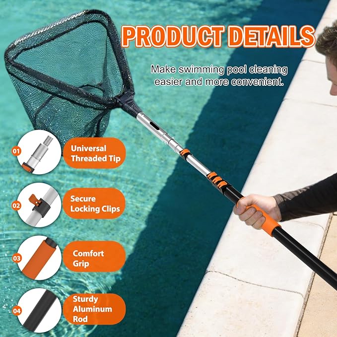 SISIUPASSIE 20FT Pool Skimmer Net with Pole, Foldable & Larger Capacity Pool Net for Cleaning, Telescopic Pool Pole Heavy Duty with Fine Mesh Pool Leaf Net for Above Ground & In-ground Pools