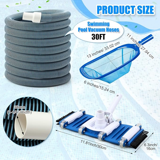3 Pcs Pool Vacuum Kit Manual Vacuum Head with 1-1/2" x 18ft Hoses and Skimmer Net Flexible Head with Side Brushes and Wheels, Maintenance Accessories for Above Ground Inground Pool Cleaning