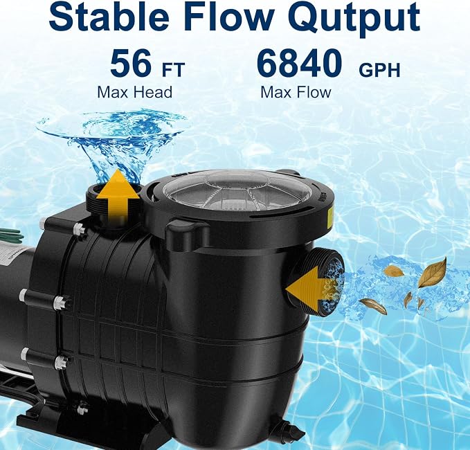 Pool Pump Above Ground/Inground,2HP 6900 GPH Powerful Selfpriming Pool Pump for 15,000-31,000 Pools for Dual Voltage Swimming Pump with Strainer Basket,Includes Pipe Fittings