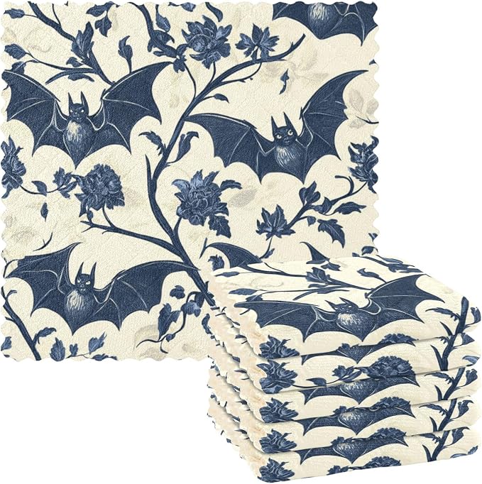 senya Kitchen Dishcloths, Gothic Bat Floral Pattern Cloth Dish Towels 6 Pack Super Absorbent Dishtowels Reusable Cleaning Cloths