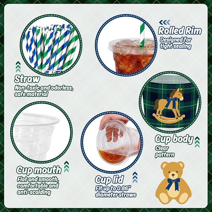 AnyDesign 50Pcs 12Oz Green Blue Tartan Plaid Plastic Cups with Lids and Straws Vintage Preppy Bear Rocking Horse Disposable Cold Drink Cup for We Can Bearly Wait Baby Shower Party Birthday Supplies