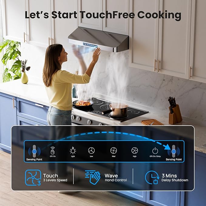 VIKIO HOME Under Cabinet Range Hood 30 Inch, 980CFM Fast Venting Ducted, Kitchen Hood With 3 Speed Gesture Sensing & Touch Control, Stainless Steel Stove Vent Hood With LED Light And 2 Baffle Filters