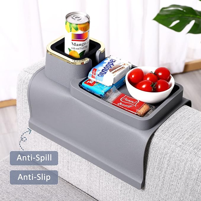HMASYO Couch Cup Holder Tray - Silicone Sofa Armrest Table Couch Drink Holder and Tray Organizer for Remote Snacks Cellphone, Anti-Spill Anti-Slip Design, Gifts for Family Mom Dad Grandma