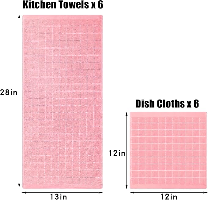Homaxy Kitchen Towels and Dishcloths Set, 12 x 12 and 13 x 28 Inches, Set of 12 Bulk Cotton Terry Kitchen Towels Set, Checkered Designed, Soft and Super Absorbent Dish Towels, Pink