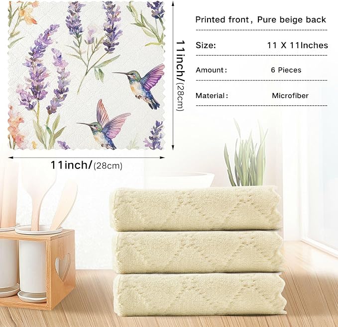 Lavender Hummingbird Kitchen Towels Dish Cloths Set of 6 Microfiber Cleaning Cloths for Cars Super Absorbent Machine