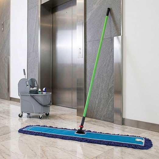 Restaurantware-Clean Tek Professional 48.03 x 5 Inch Dry Floor Mop, 1 Reusable Dust Mop - 64-Inch Handle, Secure Attachment, Blue Cotton-Poly, Machine Washable, for Cleaning Home Or Office