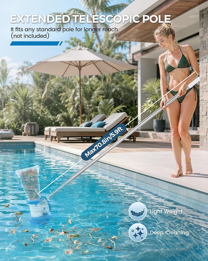 WAVIO Rechargeable Pool Leaf Vacuum Cleaner with Telescopic Pole, Runs Max 70-Mins, Cordless Pool Skimmer with Heavy Duty Mesh Bag, 48GPM Powerful Suction for Inground and Above Ground Pools