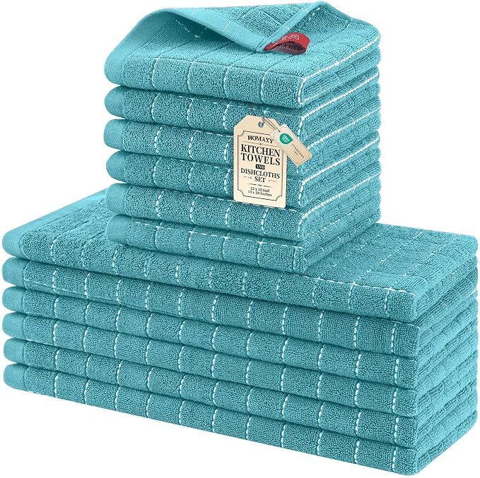 Homaxy Kitchen Towels and Dishcloths Set, 12 x 12 and 13 x 28 Inches, Set of 12 Bulk Cotton Terry Kitchen Towels Set, Checkered Designed, Soft and Super Absorbent Dish Towels, Lake Blue