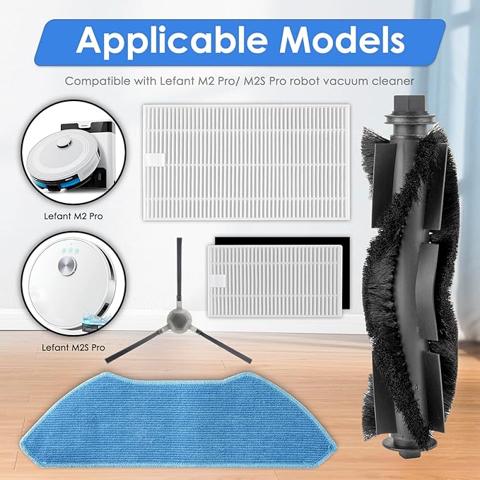 (24 Pack) M2 Pro Replacement Parts for Lefant M2 Pro/ M2S Pro Robot Vacuum, 2 Roller Brushes, 6 Side Brushes, 6 HEPA Filters with Foam Filters, 3 Mop Pads, 6 Dust Bags, 1 HEPA Filter for Base Station