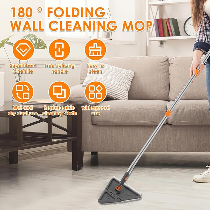 Baseboard Cleaner Tool with Handle,Folding Wall Mop with 79" Extension Pole, Swivel Wall Cleaner Mop with Squeegee, 8 Reusable Pads for Baseboard, Wall, Ceiling, Window, Floor, Furniture