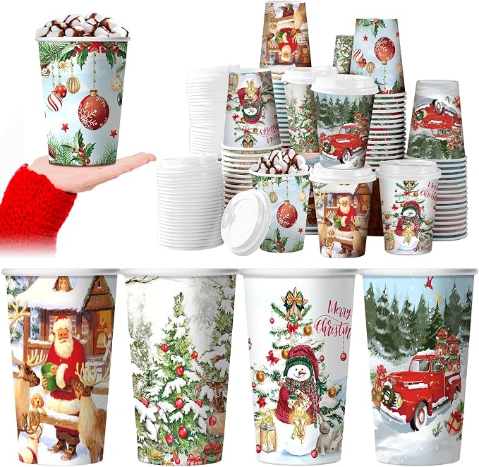 Gerrii 100 Set Christmas Paper Cups Disposable 12 oz with Lids Hot Chocolate Cups Coffee Cups Holiday Hot Cups for Hot and Cold Drinks Tea Water Bar Supplies Winter Season (Vintage Rural Style)