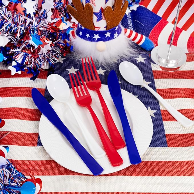 Liacere 400PCS 4th of July Pre Rolled Silverware and Napkin-Disposable Utensils-Wrapped Plastic Patriotic Cutlery Set,100 Red Forks,100 Blue Knives,100 White Spoons,100 Napkins for Independence Day