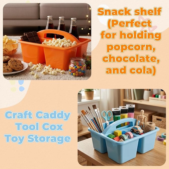 Kathfly 12 Pack Caddy Organizer with Handle, Stackable Organization Storage, Small Plastic Basket Classroom Caddy for Table Desk Office Pencil Kids Room Craft Art Teacher School Supplies (Blue Orange)