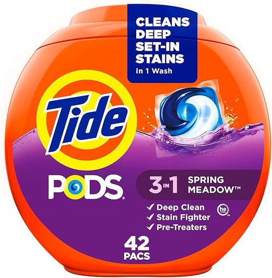 Tide Pods Laundry Detergent Pacs, 3-In-1 Stain Remover, Odor Fighter, Color Protector, 42 Count, He Compatible, Spring Meadow Scent
