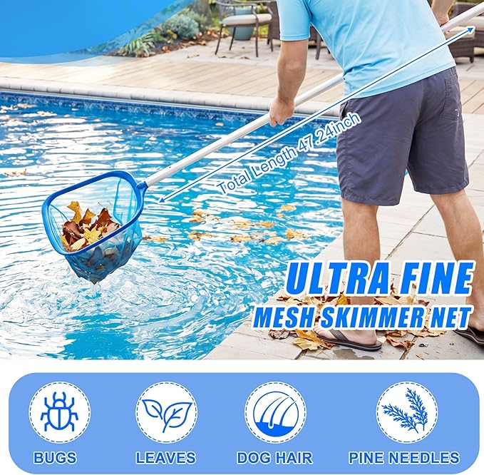 Potchen 6 Pcs Pool Cleaning Kit Include Vacuum Head, Skimmer Net, Brush Head, Telescoping Pole, Pool Chlorine Floater, and Test Strips for Above Ground Pools Hot Tubs Maintenance Tools(Classic Vac)