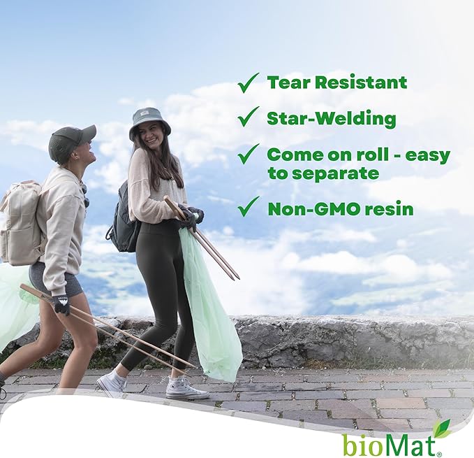 bioMat Compostable Trash Bags 64 Gallon, 10 Count, Extra Large flat top Kitchen Food Scrap Bin Liners, BPI, CMA and OK Compost HOME certified, Meets the ASTM D6400 Standard