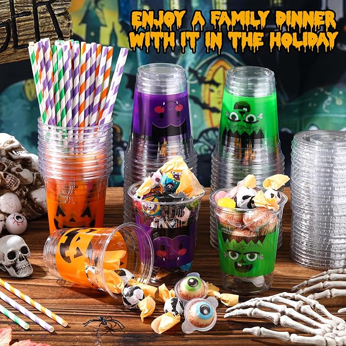 Jingmore 60 Set 12 oz Halloween Plastic Cups Disposable Clear Cups with Lids Paper Straws and Straw Cover for Halloween Party Supply Beer Beverage Snack Coffee Drink Ice Cream
