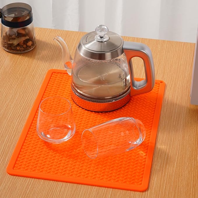 Silicone Drying Mat & Heat Resistant Mat for Kitchen Counter, Non-Slip Dishwasher Safe, Raised Edge for Dishes Bottles Sink (15.35x11.61in, Orange)