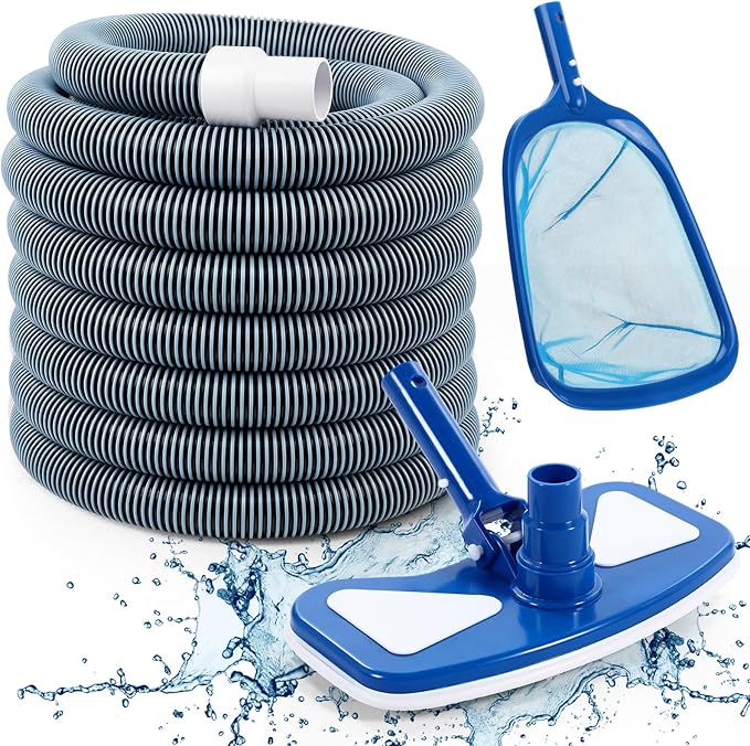 3 Pcs Pool Vacuum Kit Manual Vacuum Head with 1-1/2" x 18ft Long Hoses and Skimmer Net Flexible Head Wheels, Maintenance Accessory Tool for Above Ground Inground Pool Cleaning