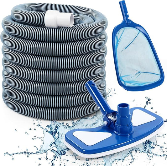 3 Pcs Pool Vacuum Kit Manual Vacuum Head with 1-1/2" x 18ft Long Hoses and Skimmer Net Flexible Head Wheels, Maintenance Accessory Tool for Above Ground Inground Pool Cleaning