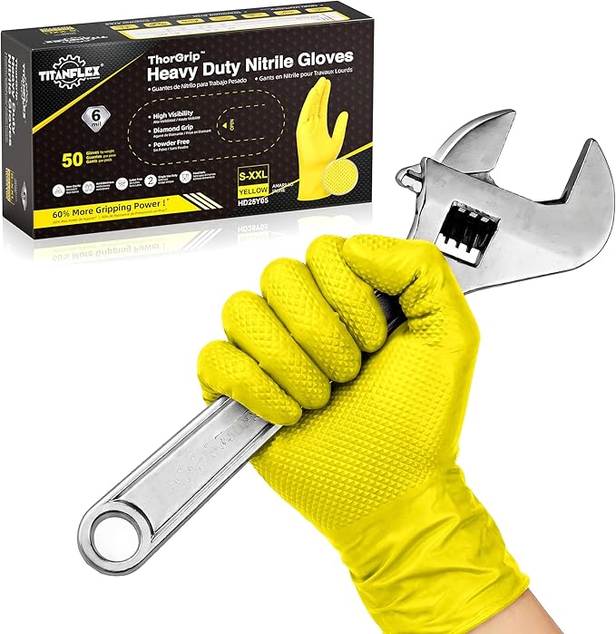 TitanFlex Heavy Duty Industrial Nitrile Gloves with Raised Diamond Texture, 6-mil, Latex Free (Yellow)