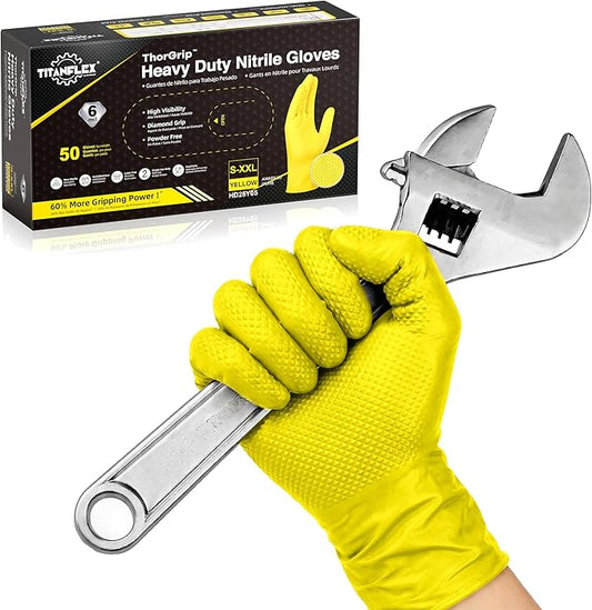 TitanFlex Heavy Duty Industrial Nitrile Gloves with Raised Diamond Texture, 6-mil, Latex Free (Yellow)