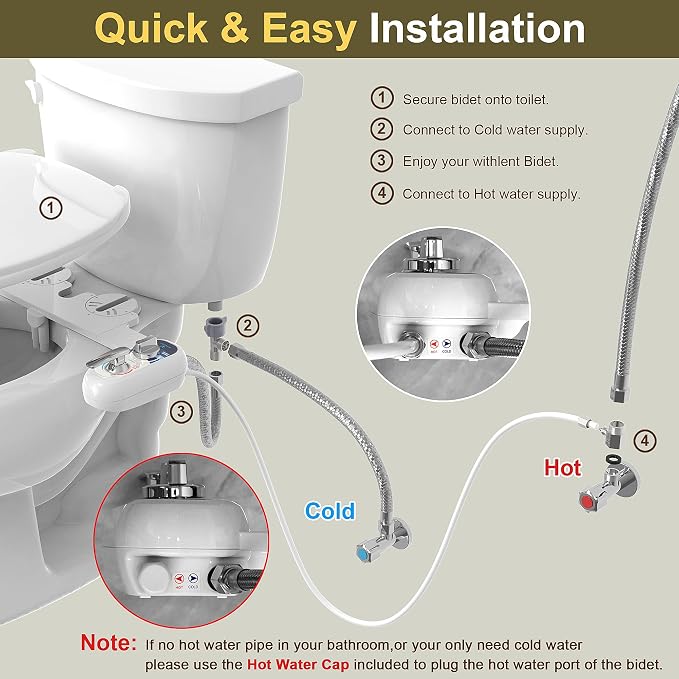 Bidet Attachment for Toilet Warm Water Left - Hot and Cold Self-Cleaning, Dual Nozzle, Non-Electric Bidet Attachment for Toilet Seat, Adjustable Water Pressure, Rear and Feminine Wash, Lever Control