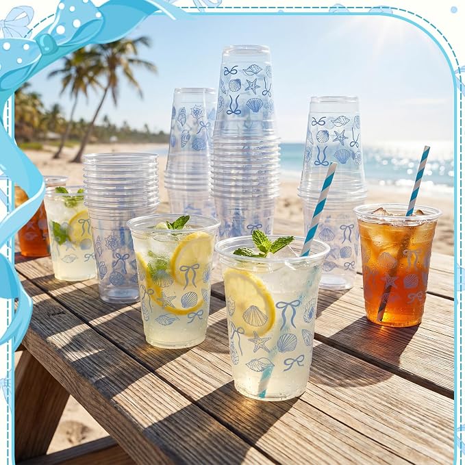 Sliner 25 Pcs 16 oz Coquette Disposable Plastic Cups with Straw for Blue Bow Starfish and Seashell Coast Party Supplies Bow Cups Birthday Wedding Bridal Party Drinkware Baby Shower Decorations