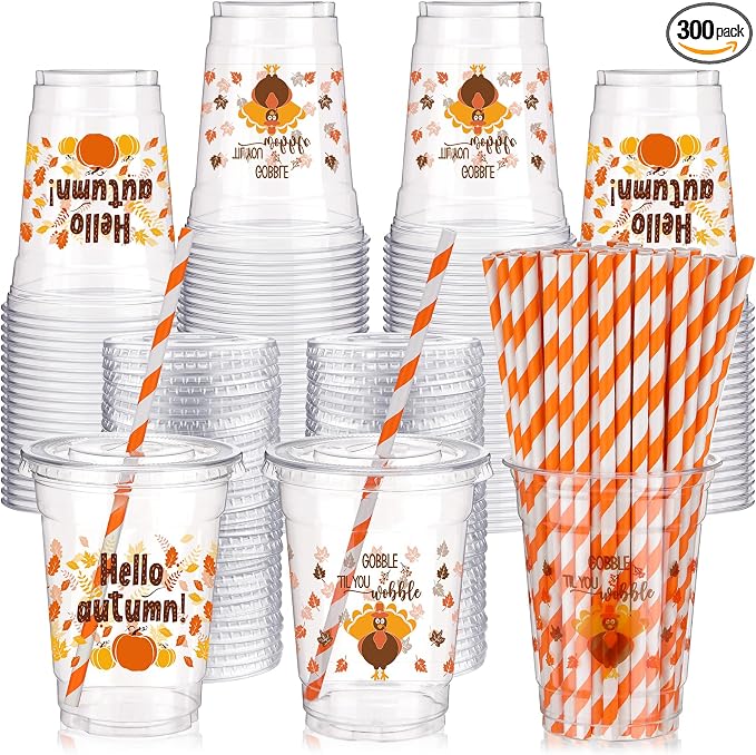 Yaomiao 300 Pcs 12 oz Thanksgiving Day Plastic Cups with Lids and Straw Fall Plastic Party Cups Thanksgiving Disposable Clear Tumbler Hello Party Turkey Pumpkin Drinking Tumbler Set for Autumn Supply