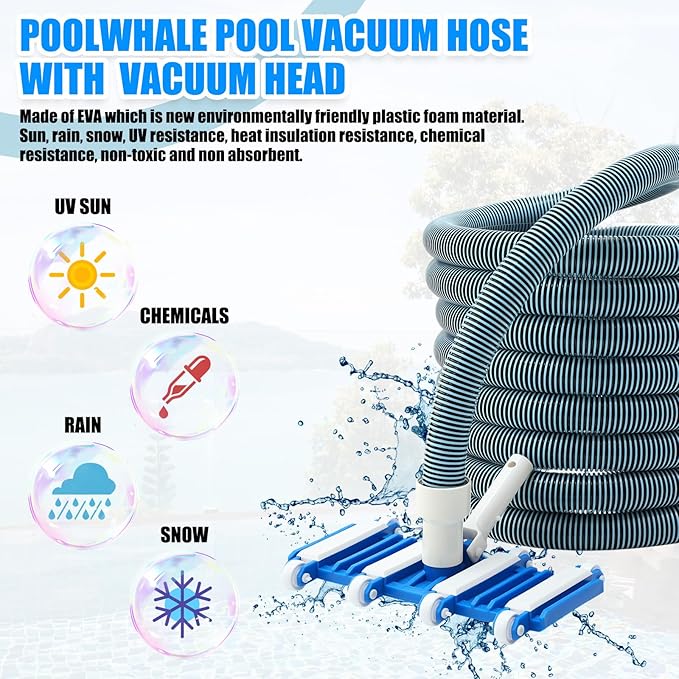 3 Pcs Pool Vacuum Kit Manual Vacuum Head with 1-1/2" x 18ft Long Hoses and Skimmer Net Flexible Head Wheels, Maintenance Accessory Tool for Above Ground Inground Pool Cleaning