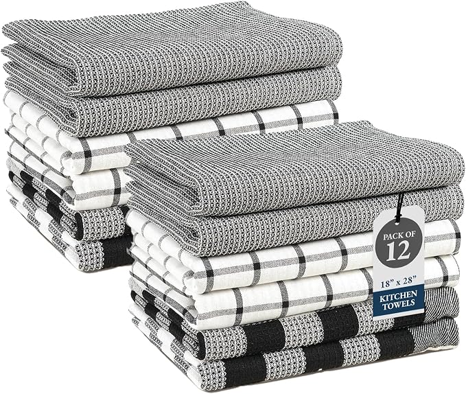 LANE LINEN Kitchen Dish Towels Set of 12 – 18”x28” Soft & Quick-Drying Hand and Tea Towels, Premium Decorative Kitchen Towel – Black