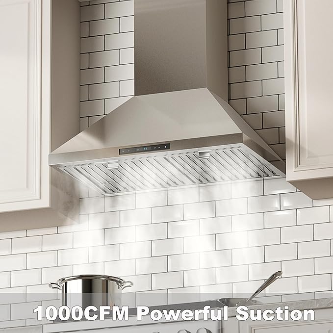 30inch Wall Mounted Range Hood with 1000CFM, Powerful DC Motor with 6 Speeds, Remote Control, Stainless Steel Permanant Filters