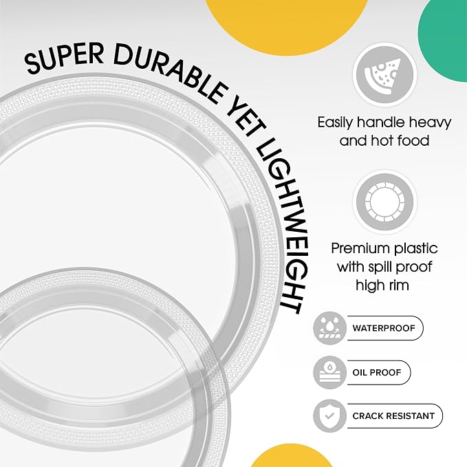 Exquisite Party Solids Clear Plates Disposable Clear Plastic Plates 100 Pieces - 50-7" & 50-9" Heavy Duty 350 GSM Disposable Dinnerware Sets, Plastic Dinnerware Sets