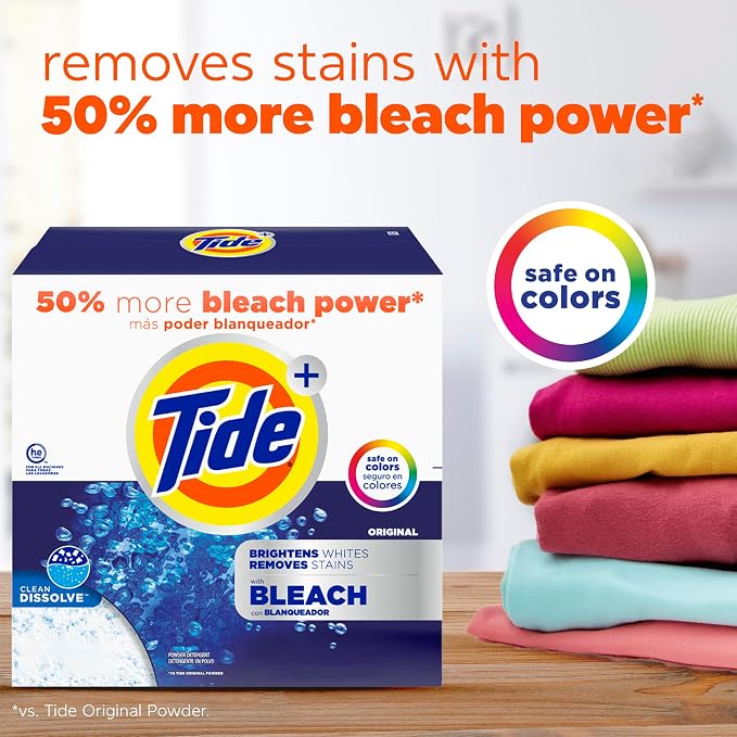 Tide Powder Laundry Detergent with Bleach, Original Scent, 89 Loads, 129 oz (Pack of 2)