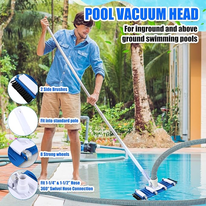 3 Pcs Pool Vacuum Kit Manual Vacuum Head with 1-1/2" x 18ft Hoses and Skimmer Net Flexible Head with Side Brushes and Wheels, Maintenance Accessories for Above Ground Inground Pool Cleaning