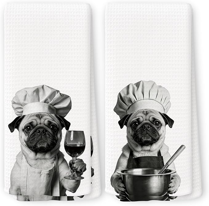Funny Chef Pug Kitchen Towels Set of 2, Pug Dog Gifts for Women Dish Tea Towels for Kitchen, Dog Mom Lovers Owner Gifts Decorative Hand Towel, 16x24 Inch
