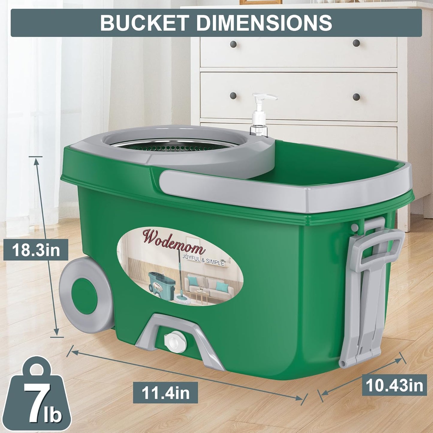 Dual Compartment Spin Mop and Bucket, Mop and Bucket with Wringer Set,360°Rotating Spinning Mopping for Floor Cleaning with 6 Microfiber Replacement Heads, 61" Extended Handle, 2X Wheel - Deep Green