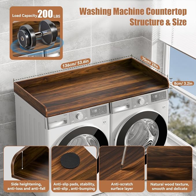 Washer Dryer Countertop, 27.5" D x 54" W Washer and Dryer Topper Covers with Edge Rails, Wood Laundry Room Countertop Shelves for Laundry Room Organization and Storage (Brown)