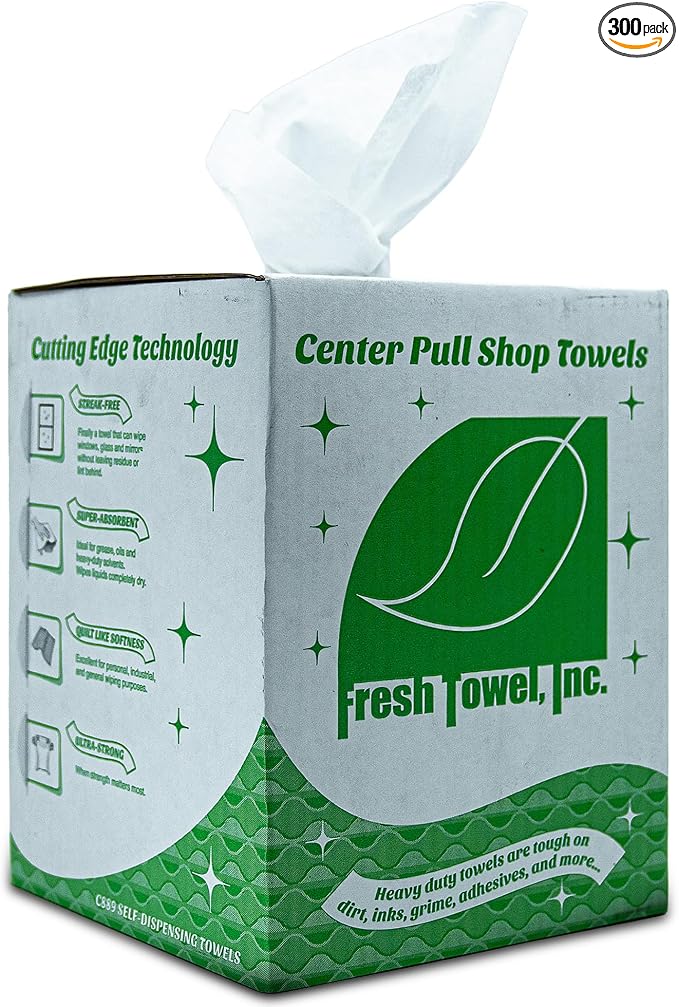 Fresh Towel Ultra Strong Center Pull Shop Towels - (1 Box of 300) Disposable Cleaning Towels - White, 9 x 12 inches - FT500