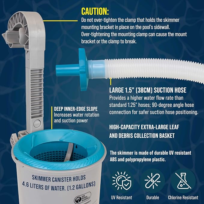 U.S. Pool Supply Above Ground Pool Skimmer, Wall Mount Surface Skimmer - Extra-Large Collection Basket, Automatically Skims Floating Leaves Debris, Attach to Inflatable Collars, Tubular, Metal Frames