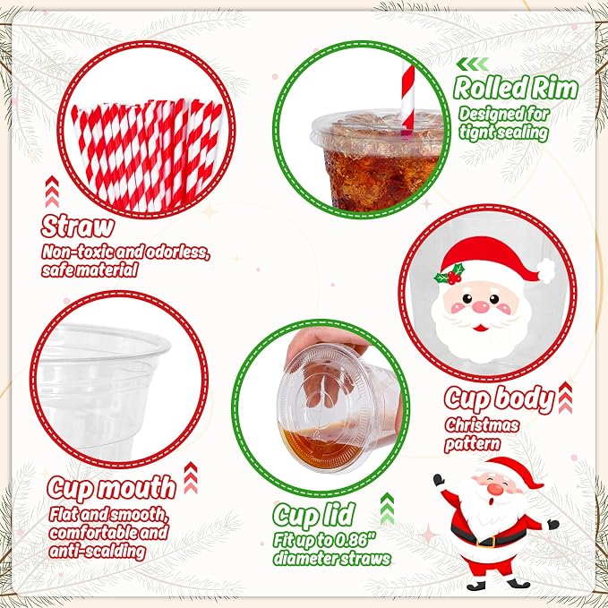 Whaline 50 Pcs 12 Oz Christmas Disposable Plastic Cups with Lids and Straws Santa Claus Face Cold Beverage Drinking Cups for Winter Xmas Birthday Party Supplies