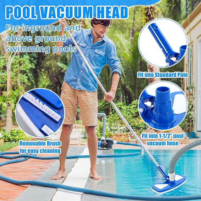 4 Pcs Swimming Pool Vacuum Kits 11.8" Vacuum Head with 1-1/2" x 29.5 ft Hoses, 13.7ft Pole and 17" Skimmer Net Flexible Head with Wheels for Above Ground Inground Hot Tub Cleaning Tool