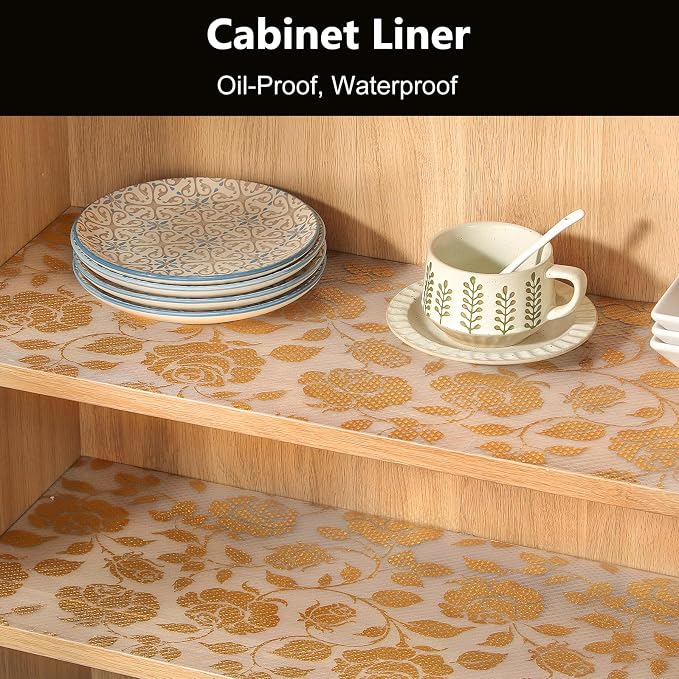INNOLITES Shelf Liner for Cabinets, Non-Adhesive for Kitchen Drawer Liner, Waterproof Shelf Paper with Floral Pattern, Durable Easy to Clean (Golden Rose, 23.6" x 240")