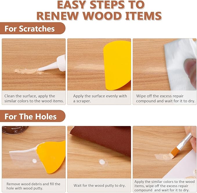 Wood Furniture Repair Kit, 34 Pcs Wood Filler Putty Restore a Finish Wood Floor Scratch Repair, Vinyl Floor Repair Kit for Scratches Holes, Hardwood Floor Door, Cabinet Table, Bedposts
