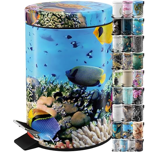 Sanilo Small Bathroom Trash Can with Lid [1.3 Gallon] - Lidded Tiny Trashcan for Garbage - Mini Metal Bin with Soft Closing Mechanism - Bath Room Accessoire Wastebin with Inner Bucket (Ocean)
