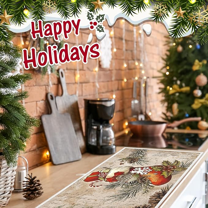 Meanplan Set of 6 Christmas Dish Drying Mats for Kitchen 24"x 16" Retro Xmas Kitchen Accessories Santa Berries Rectangle Table Mats Washable Absorbent Drainer Draining Dry Pad for Christmas Home Decor