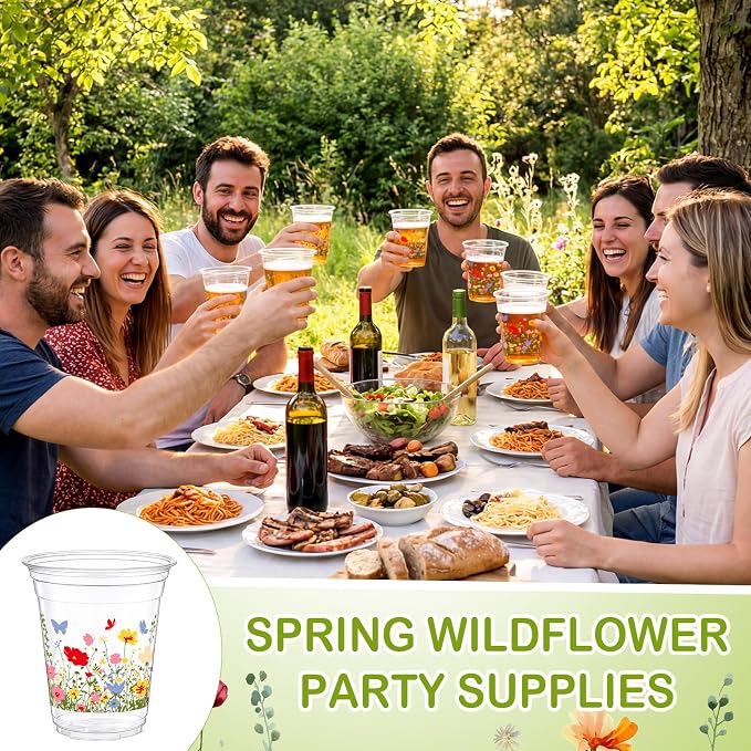 Qinyoung 50 Pcs Plastic Cups 12oz Disposable Cups Bulk Drinking Cup for Cold Drinks Baby Shower Wedding Birthday Valentine's Day Party Supplies (Wildflower)