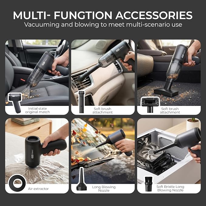 Handheld Vacuum Cordless, 12000Pa 75W Mini Vacuum with Blower Function, 24 Mins Runtime, 0.14L Dust Bin, Compact Design with Multi-Accessories for Stairs, Car and Home