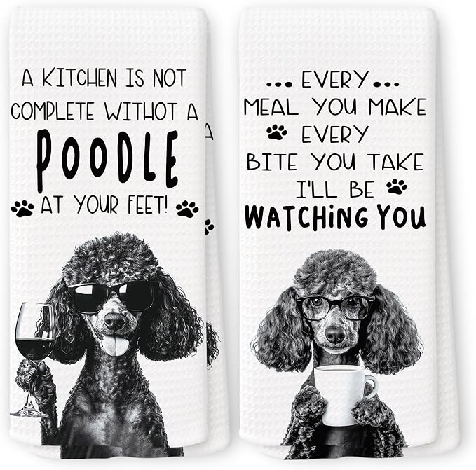 Funny Black Poodle Dog Kitchen Towels 16x24 Inch Set of 2 | Poodle Lovers Gifts for Women Men Dish Tea Towels for Kitchen, Dog Lover Mom Dad Owner Gifts Decorative Hand Towel